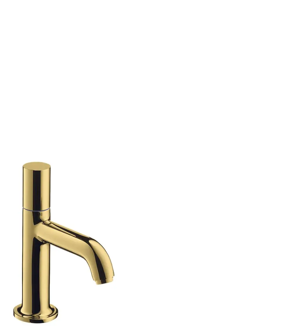 Standventil in glänzendem Gold-Finish, Auslauf nach vorne zeigend, von AXOR, für Badezimmeranwendungen geeignet. Minimalistisches Design ohne Ablaufgarnitur.
